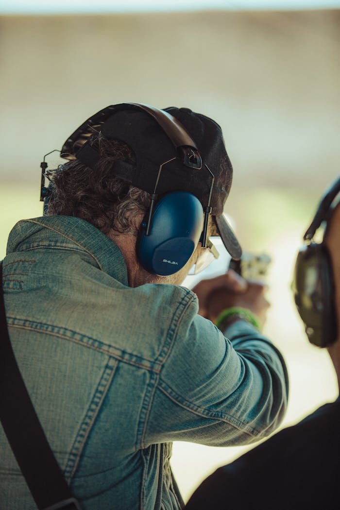 Two adults practicing shooting outdoors with protective gear.